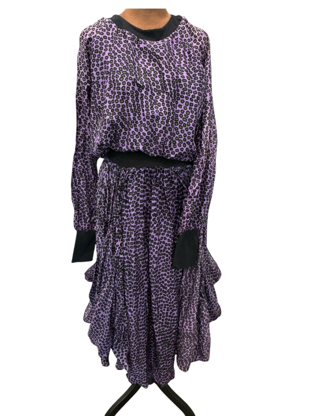 Vintage EXILE Bari Jay 100% Silk Purple Animal Print Goth Dolman Draped Dress M - Picture 12 of 12